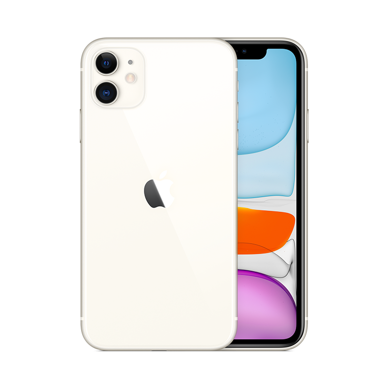  "Refurbished iPhone 11 in White - 128GB model available, featuring new OEM battery, original LCD screen, and Apple-certified MFI cable."