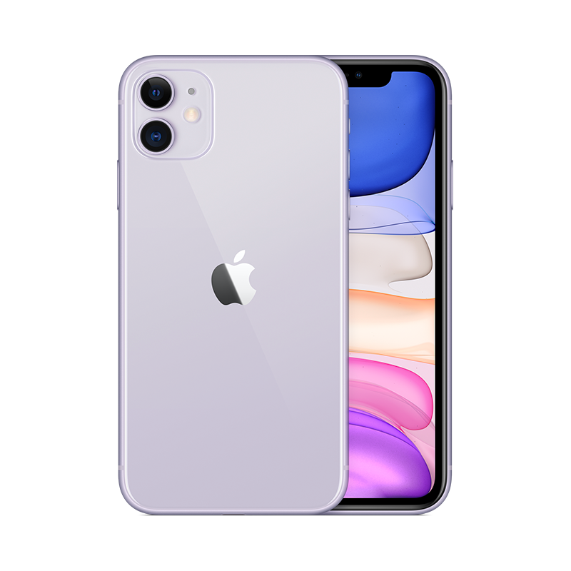 "Refurbished iPhone 11 in Purple - 128GB model available, featuring new OEM battery, original LCD screen, and Apple-certified MFI cable."