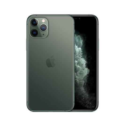 "Refurbished iPhone 11 Pro in Midnight Green - 256GB model available, featuring new OEM battery, original LCD screen, and Apple-certified MFI cable."