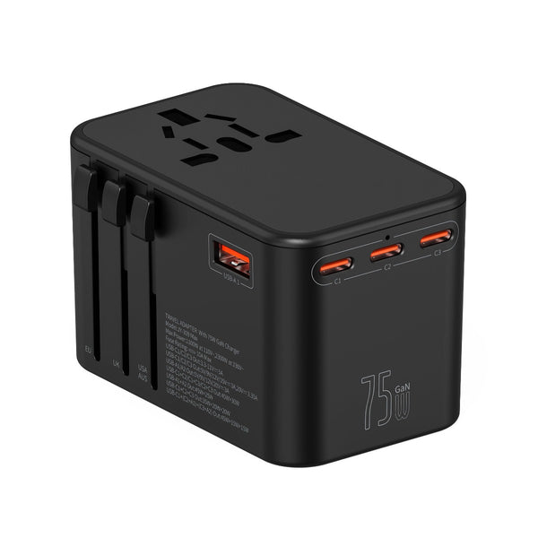 Universal 75W Travel Adapter with PD, GaN, and Multiple Ports