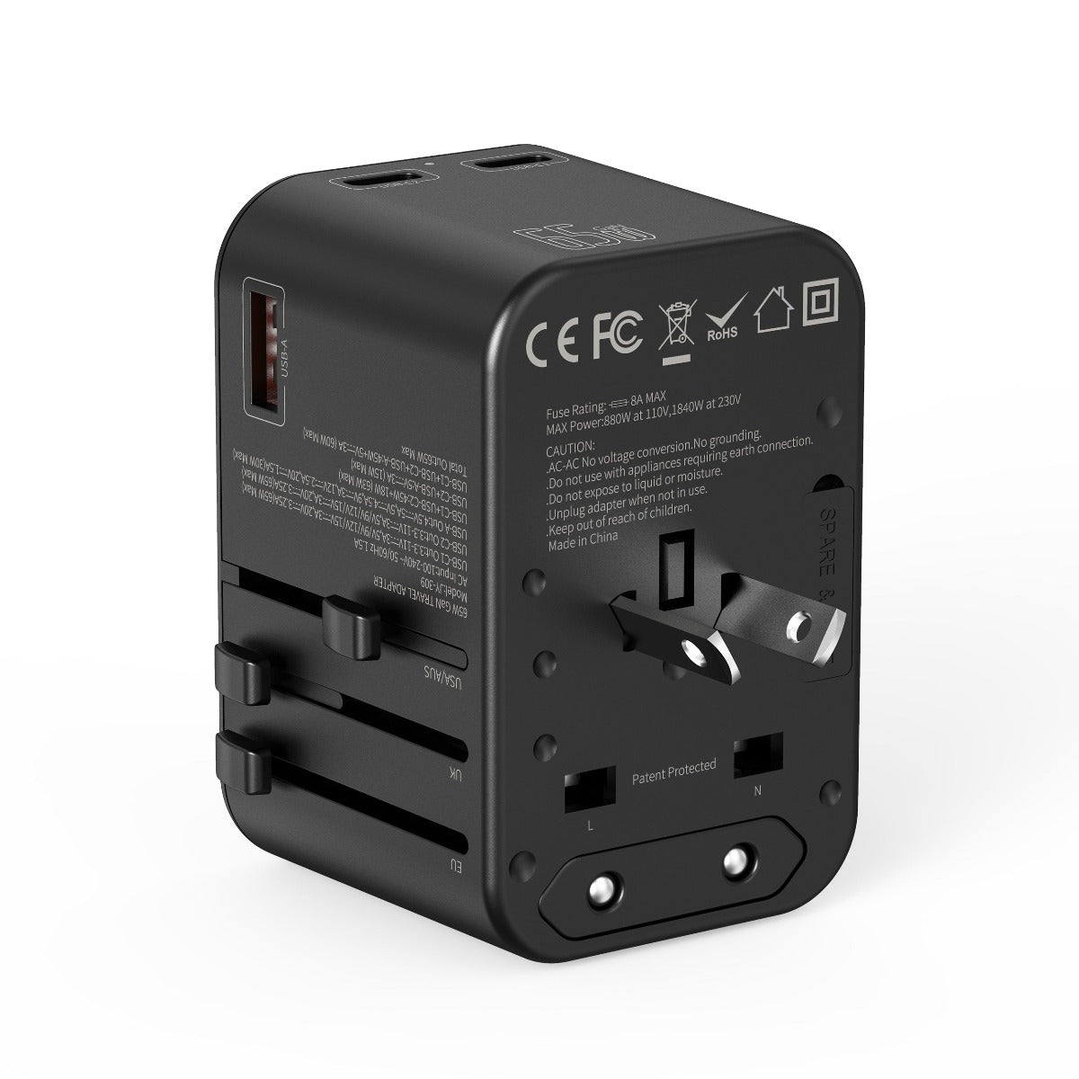 Universal 65W Travel Adapter with GaN Technology and Multiple Ports