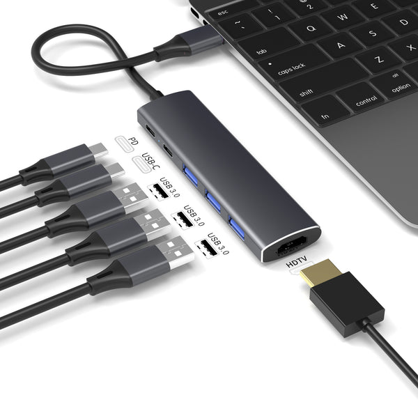 1-to-6 Type-C USB 3.0 Expansion Hub for Apple M1 & Huawei Laptops