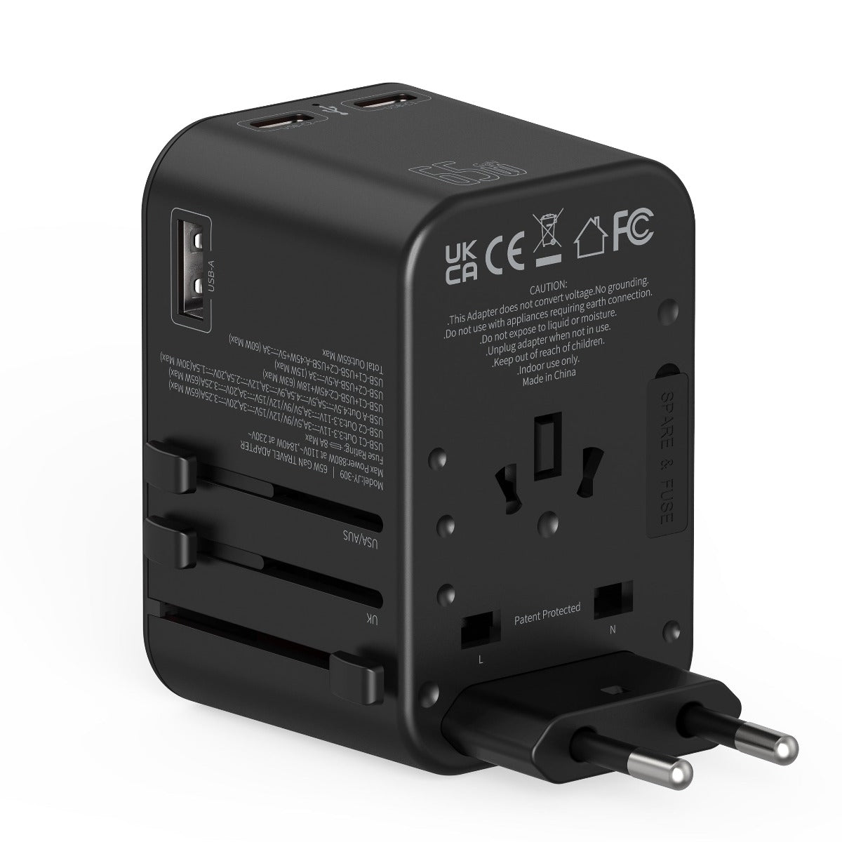 Universal 65W Travel Adapter with GaN Technology and Multiple Ports