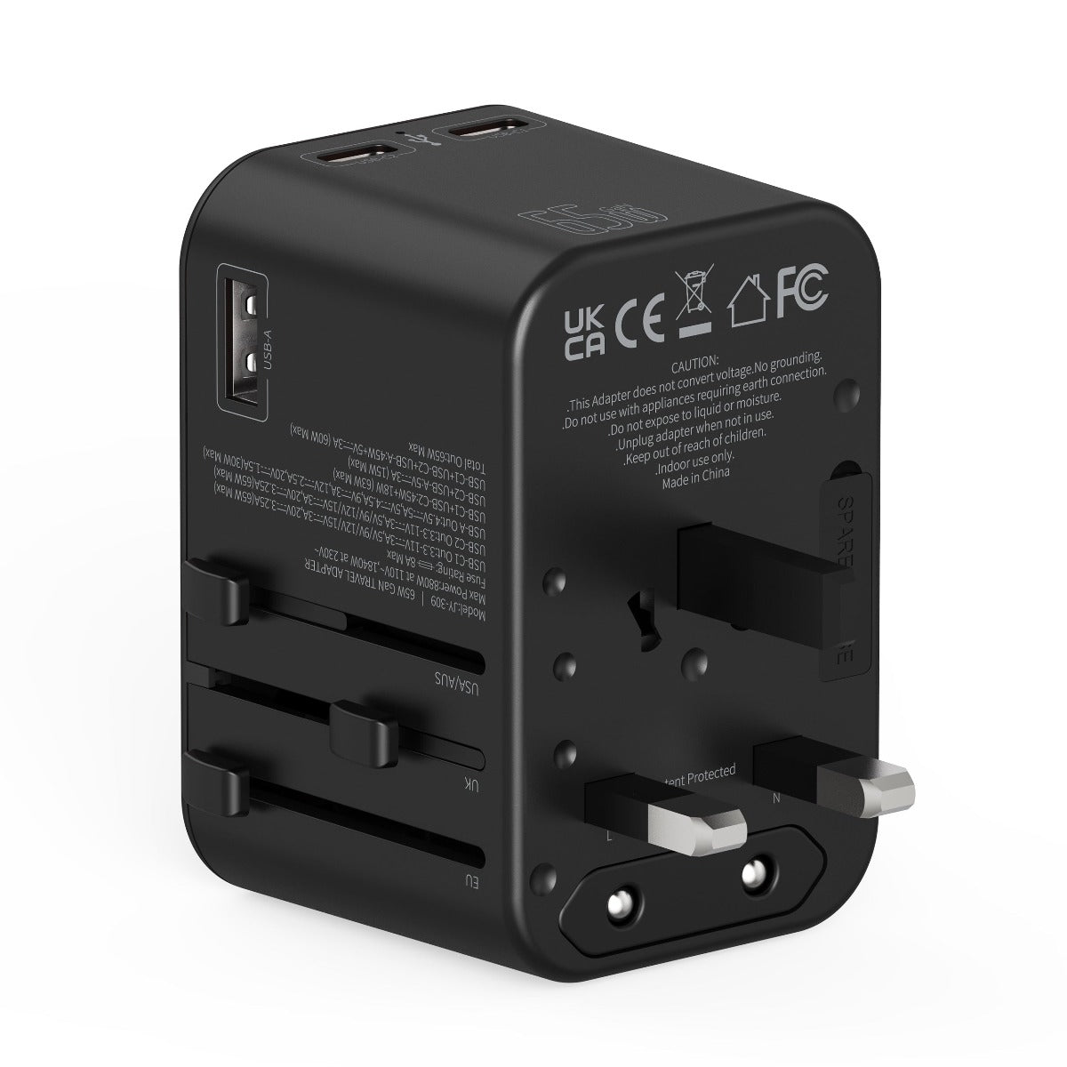 Universal 65W Travel Adapter with GaN Technology and Multiple Ports