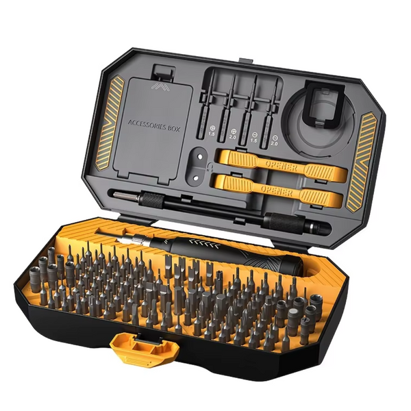 JM-8183 Mini Multi-Function Cross Screwdriver Tool Set for Phones, open tool set box in a top view on a black table