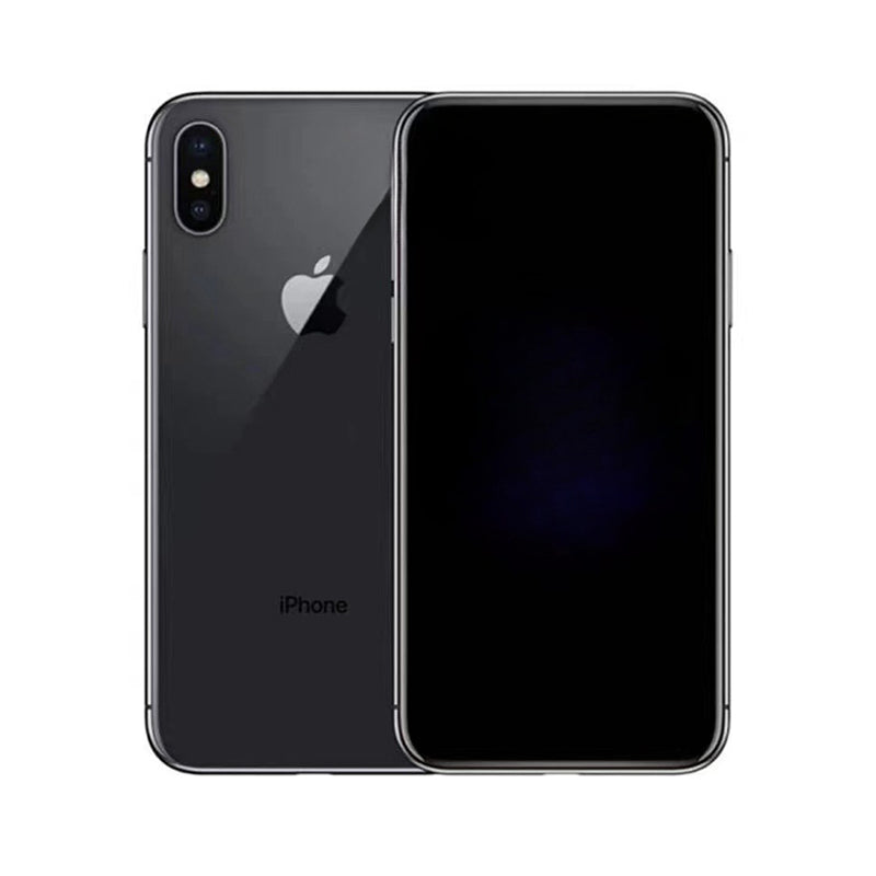 "Refurbished iPhone X in Space Gray - 256GB model available, featuring new OEM battery, original OLED screen, and Apple-certified MFI cable."