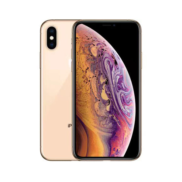 "Refurbished iPhone XS in Gold - 256GB model available, featuring new OEM battery, original OLED screen, and Apple-certified MFI cable."